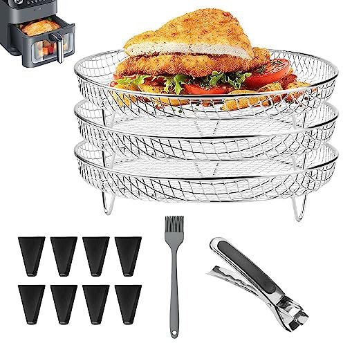 CYNNXIA Air Fryer Rack Round 3 Layer Stackable Dehydrator Racks Stainless Steel Air Fryer Basket Tray Multi-Purpose Air Fryer Accessories with Clips, Brush, Heightening Feet for Most Air Fryer Oven
