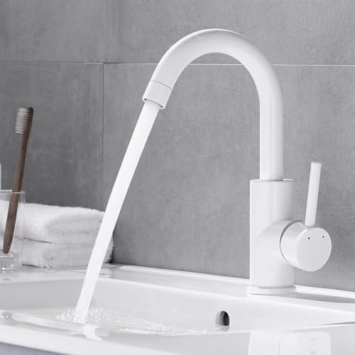 Auralum Wasserhahn Bad mit 60CM Schlauchs, 360° Drehbar Waschtischarmatur, Mischbatterie Einhebelmischer aus Messing, Armaturen für Badezimmer/Kleine Küchenspüle, Weiß