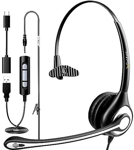 Wantek USB Headset mit mikrofon, USB/3,5-mm PC Kopfhörer mit Lautstärkeregler, Stummschalttaste, Computer On-Ear-Headset mit Mikrofon, Kopfhörer mit langem Mikrofonkabel für Laptop, PC