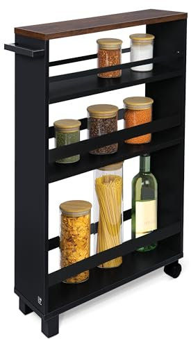 bomoe Nischenregal 15cm breit – Küchenwagen Küchenregal Schmal – Rollwagen Schmal 3 Fächer & Arbeitsplatte – Nischenschrank Küche Bad Büro – Bathroom Cart Nischenwagen Schwarz Braun 79x50 cm – Hylla