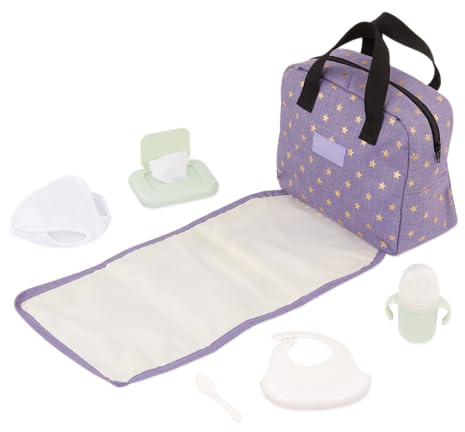 LullaBaby Puppen-Wickeltaschen-Set mit ausklappbarer Wickelunterlage, Lila | Puppen-Wickeltasche mit ausklappbarer Wickelunterlage, Taschen, Windel, Lätzchen, Becher, Löffel und Tücherbox, 2+ Jahre