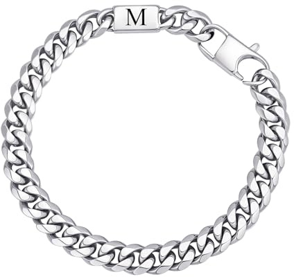 Gamtic Herren Armband Edelstahl Panzerkette mit Buchstaben A-Z | Silber Buchstaben Armband für Männer Jungen, Kubanische Armbänder 8mm Breite 21cm Länge Geschenke für Ehemann Sohn
