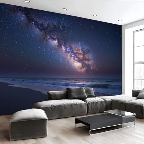 Fototapete Schlafzimmer Fantasie Landschaft Strand Milchstraße 3D Druck Vliestapete, ‎150x105cm (B×H) Wandtapete Wandbilder, für Wohnzimmer, Kinderzimmer, TV Hintergrund Lila Tapete