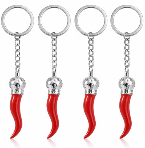 4 Stück Schlüsselanhänger, Roter Chili Horn Glücksbringer Chilischote Schlüsselanhänger Rote Peperoni Chili Anhänger Schlüssel für Damen und Herren Geschenkidee
