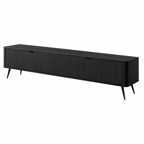 Arreditaly Mobile Porta TV Con 2 Ante A Ribalta Salvaspazio Finitura Cannettato Mobiletto Design Moderno Elegante Con Piedini Slanciati Soggiorno Camera 200 x 51 x 38 Cm (Nero)