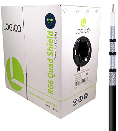 LOGICO Best RG6 Coaxial Cable CCS 18AWG Quad Shield Coax 500ft TV Antenna Satellite Black