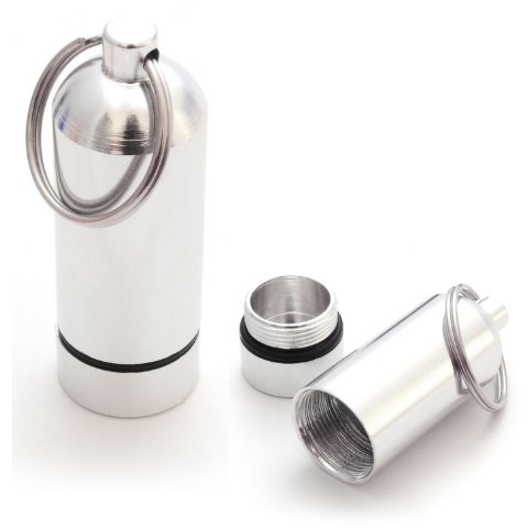 Pillen-Dose im 2er Set, Pillen-Box, Aluminium-Kapsel, Schlüssel-Anhänger mini, wasserdicht, Farbe: silber, Höhe: 55 mm