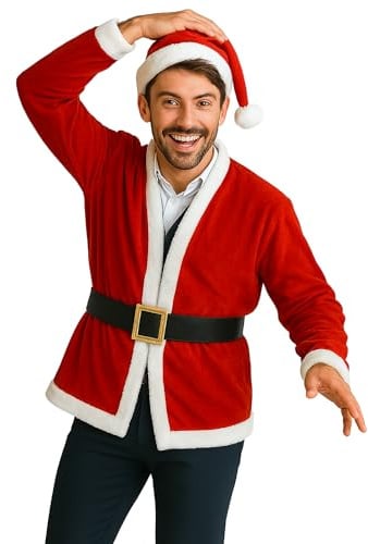 Sunnywood Party Santa Costume Red Jacket, Unisex Christmas Jacket, Hat & Belt Set, Fun Holiday Outfit for Xmas Parties, Santacon, Bar Crawls