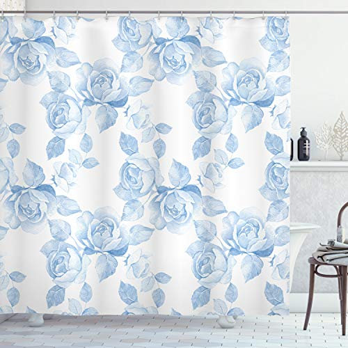 ABAKUHAUS Frühling Duschvorhang, Floral Dreamy AST, Stoffliches Gewebe Badezimmerdekorationsset mit Haken, 175 x 200 cm, Weich Blau Weiß