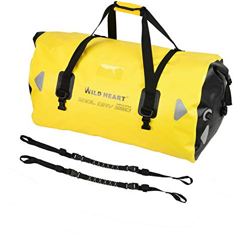 WILD HEART wasserdichte Reisetasche, 40 l 66 l, 100 l, mit Verschweißten Nähten, Schultergurten, Netztasche für Kajakfahren, Camping, Bootfahren, Fahrrad, Motorrad (66 l, Gelb mit Bindeseil…)