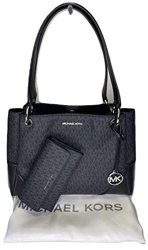 MICHAEL Michael Kors Nicole Large Shoulder Tote bundled with Michael Kors Jet Set Travel Large Trifold Wallet (Signature MK Black)