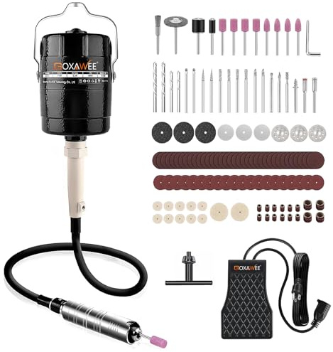 Roll Over Image to Zoom in Flex Shaft Grinder Rotary Tool, GOXAWEE 380W Hanging Grinding Machine with 3-Jaw Chuck& Stepless Speed Foot Pedal…