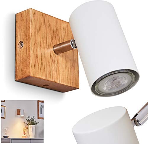 Wandleuchte Zuoz, Wandlampe aus Metall in weiß und Holz, Vintage/Retro Look Zimmerlampe, Leuchtenkopf ist dreh- und schwenkbar, 1 x GU10,ohne Leuchtmittel