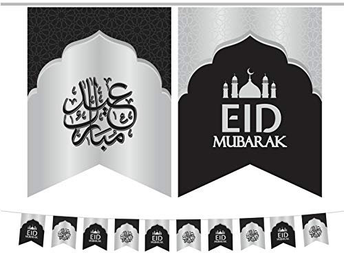 Eid Mubarak Bunting Party Flags - Eid Decorations (10 Flags) - Blue Gold Black Silver AG (Black & Silver)