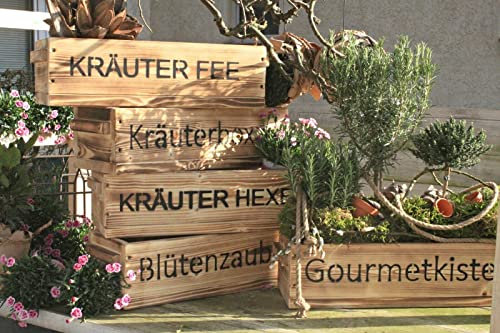Blumenkasten Holz geflammt/Holzgriffe/Aufdruck/Balkonkasten, Terrasse, Holzkiste (Kräuter Fee, 80cm)