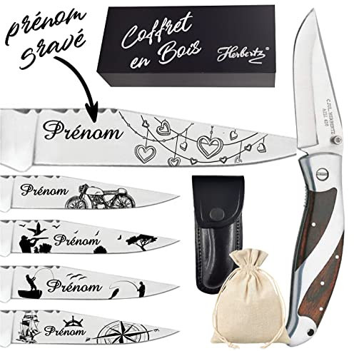 Couteau + Coffret en bois. Couteau personnalisé avec prénom et dessin gravé - Marque Herbertz - Cadeau pour homme ou femme : Saint valentin, Noël, Anniversaire, Fête des Pères...