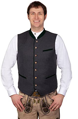 Roland - Gilet in morbida lana per costume tradizionale bavarese, colore: grigio, con bordini verdi, taglia 46-64, grigio., 54