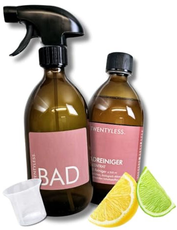 NACHHALTIGER Badreiniger, Konzentrat in Glasflaschen + Glassprühflasche für 20 Reiniger, aus der Höhle der Löwen, WC Reiniger, Kalkreiniger, 500ml Konzentrat