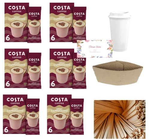 Temas Costa Coffee Instant Coffee Sachets Bundled With Reusable Coffee Cup, Sleeves & Coffee Stirrers | Creamy Cappuccino | Coffee Gifts (Creamy Cappuccino)