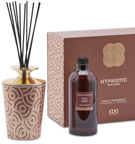 EDG Enzo de Gasperi Profumatore per Ambienti casa con Bastoncini, Bottiglia in Ceramica Lucida Hypnotic Midnight Garden 900ml 4 Varianti Pepe Nero