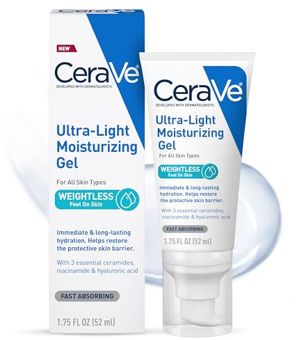CeraVe Ultra-Light Moisturizing Gel, Hydrating Gel Face Moisturizer For Men & For Women with Ceramides, Niacinamide, Hyaluronic Acid, Fragrance Free, Oil-Free, Mattifying Moisturizer, 1.75 FL Oz
