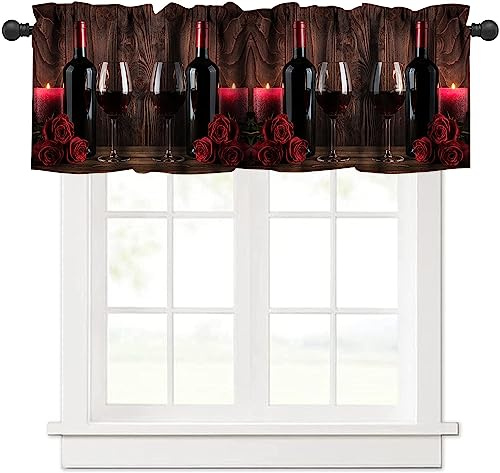 Red Rose Flowers and Wine Kitchen Window Valance, Red Wine Bottle Glass of Wine Candle and Roses on Wooden Background Rod Pocket Curtains, for Bedroom Living Room Kitchen Cafe 1 Panels W54xL18in