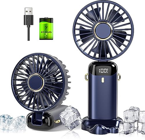 HFAN Handheld Fan, 4000mAh Rechargeable Battery Operated Portable Desk Desktop Fans with 5 Speeds, Mini Foldable Hand held USB Type C Fan with LED Display for Home Office Outdoor Travel (Dark Blue)