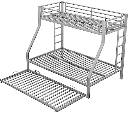 Azkoeesy Etagenbett 140 x 200 cm, mit Ausziehbett, mit 2 Leiter, Metall Doppelbett, Gästebett, Funktionsbett, Kinderbett, für 4 Erwachsene und Kinder, Silber