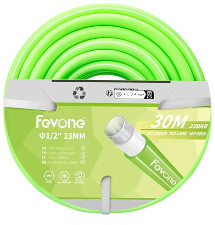 Fevone Mangueras de jardín 30 metros 13 mm 1/2 pulgadas, 4 capas, 25 bar, resistente y duradera, para exteriores, compresor, manguera de jardín flexible, resistente, verde