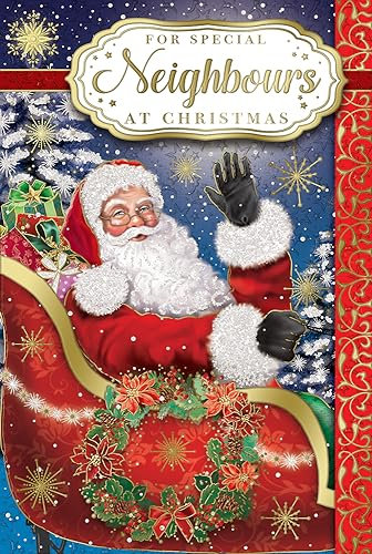 Express Yourself Weihnachtskarte für besondere Nachbarn zu Weihnachten - Rot & Weiß Thema mit beigefügter Karte Weihnachtsmann Bild und schöner Blumendekoration.