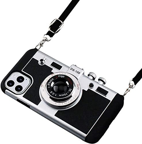 SGVAHY Emily in Paris Phone Case for iPhone 15 Pro Case Vintage Camera Design Soft Silicone iPhone Case with Lanyard Long Removable Shockproof Protective Case Cover for Women Girls, Black&Silver