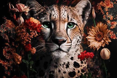 STYLER Glasbild Leo & Flowers 80 x 120 cm I Wandbild aus Glas modern für Wohnzimmer Schlafzimmer Büro Flur I groß XXL ausgefallen Leopard Blumen rot