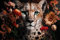 STYLER Glasbild Leo & Flowers 80 x 120 cm I Wandbild aus Glas modern für Wohnzimmer Schlafzimmer Büro Flur I groß XXL ausgefallen Leopard Blumen rot