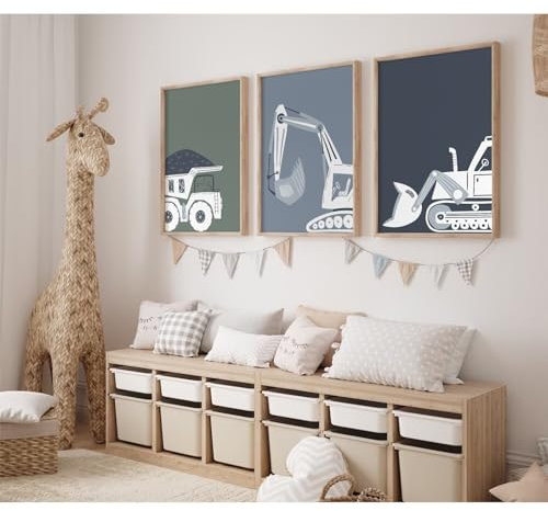 Construction Truck Wall Art Decor Toddler Boys Room Canvas Wall Art Tractor Vehicle Poster Dump Truck Wall Art Kids Bulldozer Pictures Nursery Prints for Boys Bedroom 12x16 Inch Unframed Set of 3