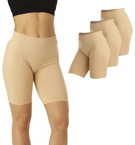 Basic Treasure 3er Pack Kurze Leggings Damen, Radlerhose Damen Kurz, Unterziehhose Damen Unter Kleid Rock, Anti Scheuern Unterhose (Beige, L/XL)