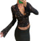Yoisdtxc Y2k Women Floral Lace T Shirt Deep V Neck Sexy Crop Tops Long Flared Sleeve Sheer Lace Floral Slim T-Shirt(A-Black,Large)