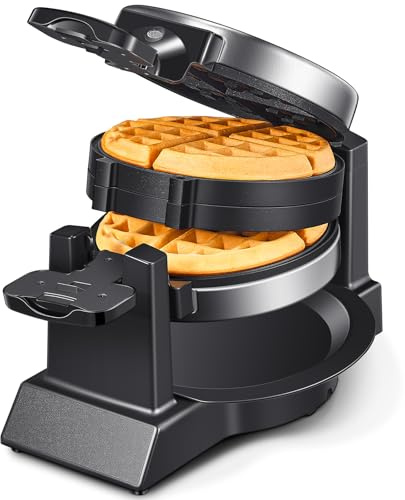 Classic Waffle Iron, Double Belgian Waffle Maker 180°Flip, 1400W Waffle Iron 8 Slices, Rotating & Nonstick Plates with Removable Drip Tray, Cool Touch Handles, Stainless Steel (8 Slices)