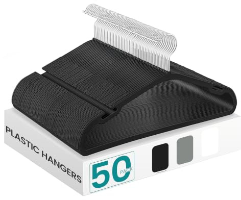 SONGMICS Clothes Hangers 50 Pack, Heavy-Duty Plastic Hangers, Coat Hangers with Wide Shoulder Notches, Pant Bar, 360° Swivel Hook, Space-Saving, 16.4 Inches, for Closet, Ink Black UCRP060B01