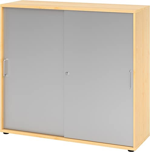 bümö Schiebetürenschrank 3OH - Aktenschrank abschließbar, Sideboard Schrank mit Schiebetüren in Ahorn/Silber, Bügelgriff - Büroschrank aus Holz mit Schiebetür, Büro Kommode für Ordner & Co.