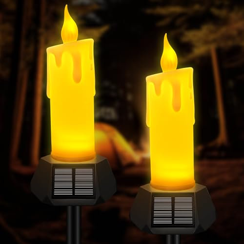 SINGCHUNGTE 【2 Stück】 Solar LED Kerzen, Flammenlose Kerze mit Echter Flackernder LED Flamme, Outdoor Wasserdichte Flammenlose Kerzen, Bewegliche Flamme