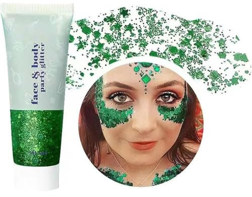 Beliky Girl Body Glitter Gel, 50ML Face Glitters Body Gel Sequins Shimmer Liquid Eyeshadow, Mermaid Sequins Liquid Holographic Glitter Gel, Chunky Glitter for Face Hair Nails (Green)