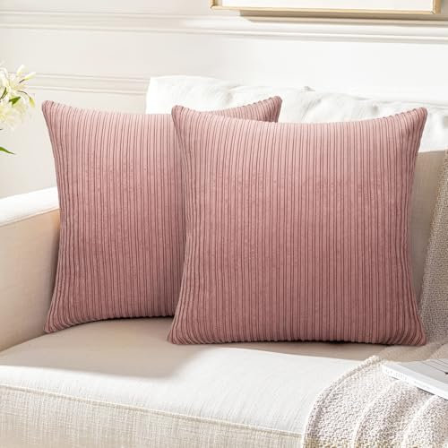 Kordsamt Kissenbezüge Rosa Dekokissen Herbst Kissenbezug 50X50 Weich Kissen Bezug Zierkissen 2er Set Cord Kissenhülle für Sofa Schlafzimmer Wohnzimmer Balkon Kinder Flauschig Farbverlauf, Gestreift