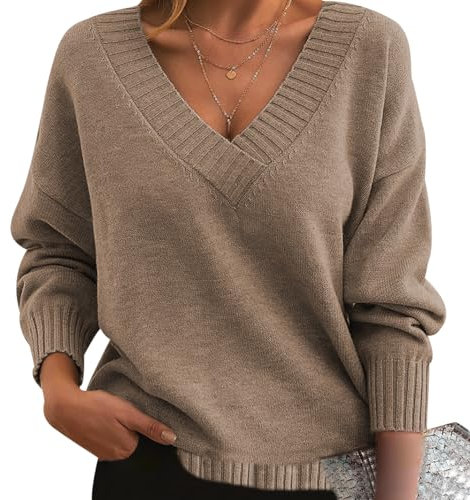 Jersey Cuello V Mujer Jerséis Mujer Pullover Sweater Women Sueter Punto Mujer Manga Larga Invierno Primavera Jerseys Mujeres Jersey de Cuello Pico Punto Señora Suéter Tejido para Mujer Caqui XXL