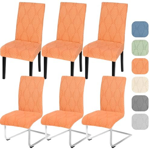 Alishomtll Stretch Stuhlhussen 4er/6er Set Stuhlbezug Universal für Schwingstühle Blatt Jacquard Esszimmerstühle Bezug Abnehmbare Stühle Schutz für Küche Bankett Hochzeit Party (Orange, 6pcs)