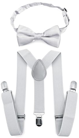 JZK Set di papillon e bretelle per pantaloni per bambini sotto i 135 cm, a forma di Y, 3 clip, bretelle regolabili con papillon per bambini piccoli e ragazze, per feste di matrimonio e costume, grigio