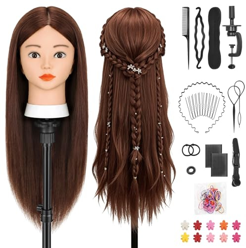 TwoWin 66cm Tête Mannequin Coiffure 80% Cheveux Naturels | 26 pouces Tête à Coiffer avec Pince de Table + Kit Tressage - Idéal pour Salon, École et Pratique Maison (Marron Foncé)