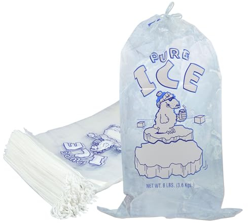Sutowe 100Pcs Ice Bags 8 lb Plastic Ice Cube Bags with Drawstring Portable Empty Ice Storage for Camping Pool Party Anniversary Freezers