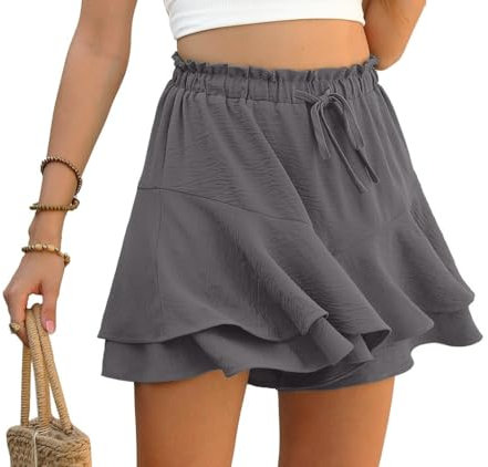 PrinStory Ruffles Shorts For Women High Waist Flowy Shorts Drawstring Skort Casual Summer Skort Wide Leg Culottes (Grey, M)
