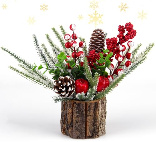 CHENYU Weihnachtsbaum Geschmückt Mini Weihnachtsbaum mit Roten Beeren und Tannenzapfen Weihnachtsgesteck Tisch Weihnachtsbaum zu Weihnachten (25cm grüne-weiße Zweige Cylindrical)