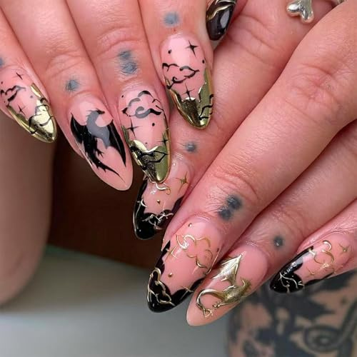 Auroriel 24 Pieces Medium Almond Press On Nails Halloween Dragon Bat Gilding French Tip Black Goth Glitter Stars Reusable Gel Nails